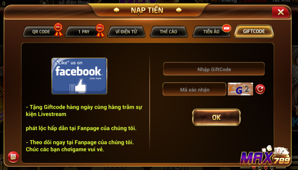 Phương thức nạp tiền thông qua giftcode 