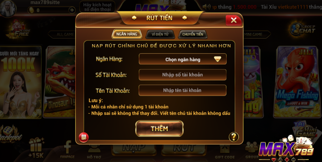 Hướng dẫn rút tiền Max789 qua tài khoản ngân hàng